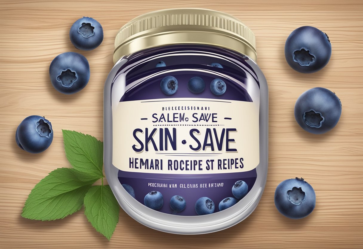 A jar of blueberry and hemp seed oil salve sits on a wooden table surrounded by fresh blueberries and hemp seeds. The label reads "Skin Repair Salve 47 Best DIY Homemade Skincare Recipes with Blueberry."