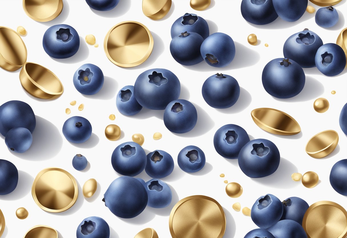 Blueberry and gold mica drops on a white surface, surrounded by fresh blueberries and a small bottle