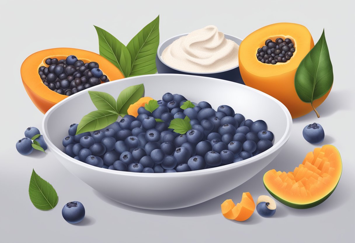 A bowl of mashed blueberries and papayas mixed with exfoliating ingredients, surrounded by skincare recipe book and fresh fruits
