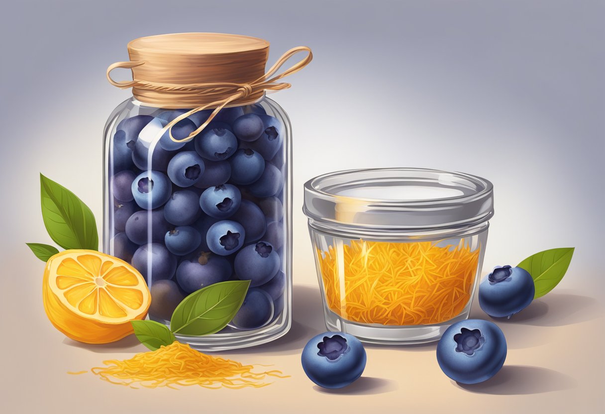A vibrant blueberry and saffron blend sits in a clear glass bottle, surrounded by fresh blueberries and saffron threads