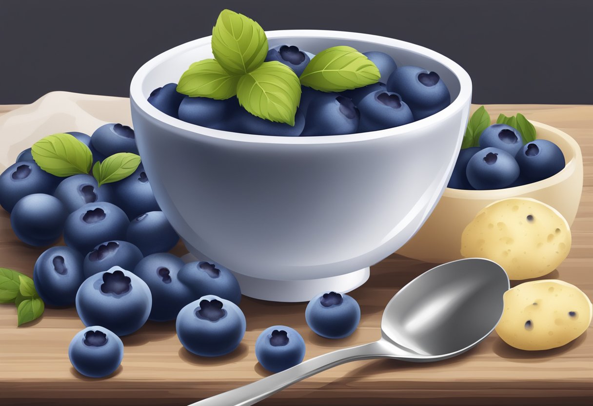 A bowl of mashed blueberries and potatoes, with a spoon and a small jar of dark circle treatment, surrounded by fresh blueberries
