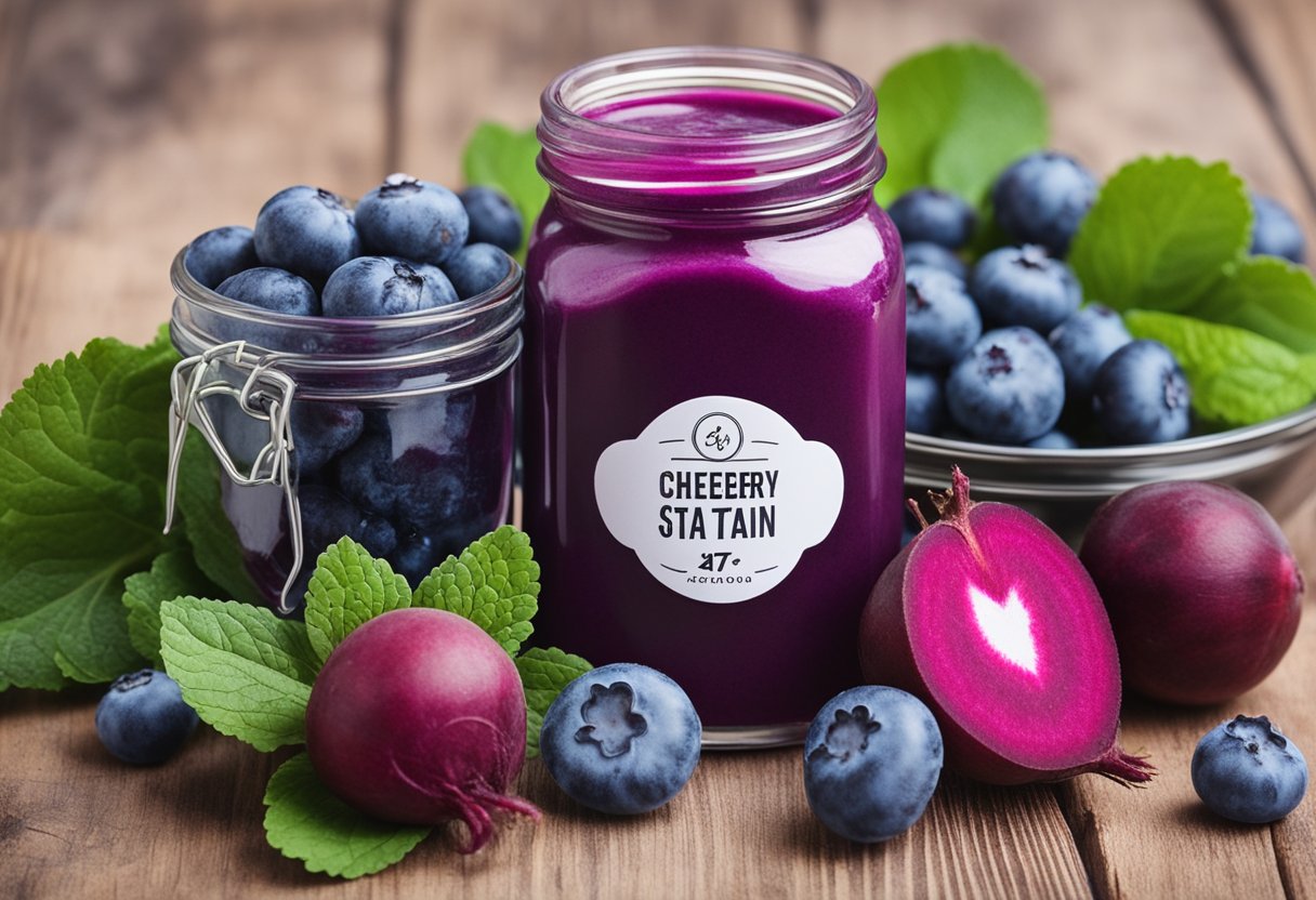 A glass jar filled with blueberry and beetroot mixture, labeled "Cheek Stain 47 Best DIY Homemade Skincare Recipes with Blueberry," sits on a wooden table surrounded by fresh berries and beets