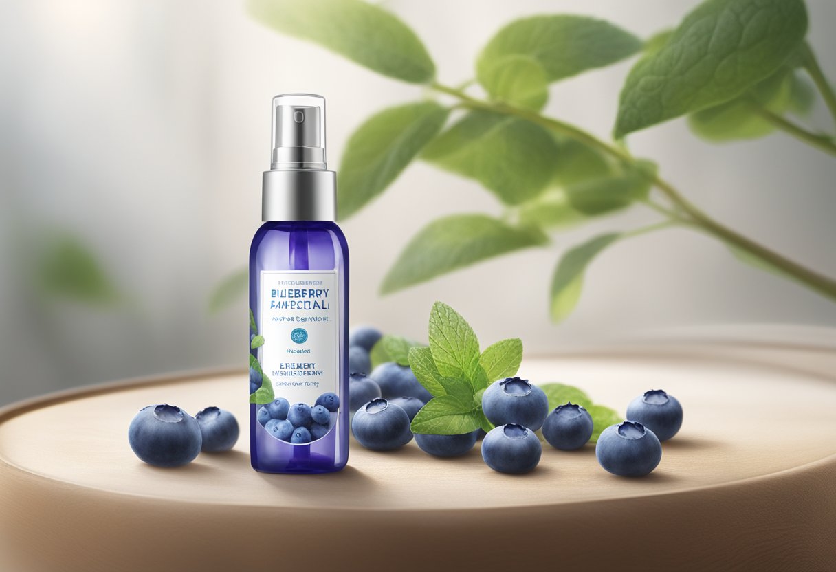 A misting bottle sprays blueberry and peppermint facial mist onto a clean, white surface. The mist creates a refreshing and invigorating atmosphere