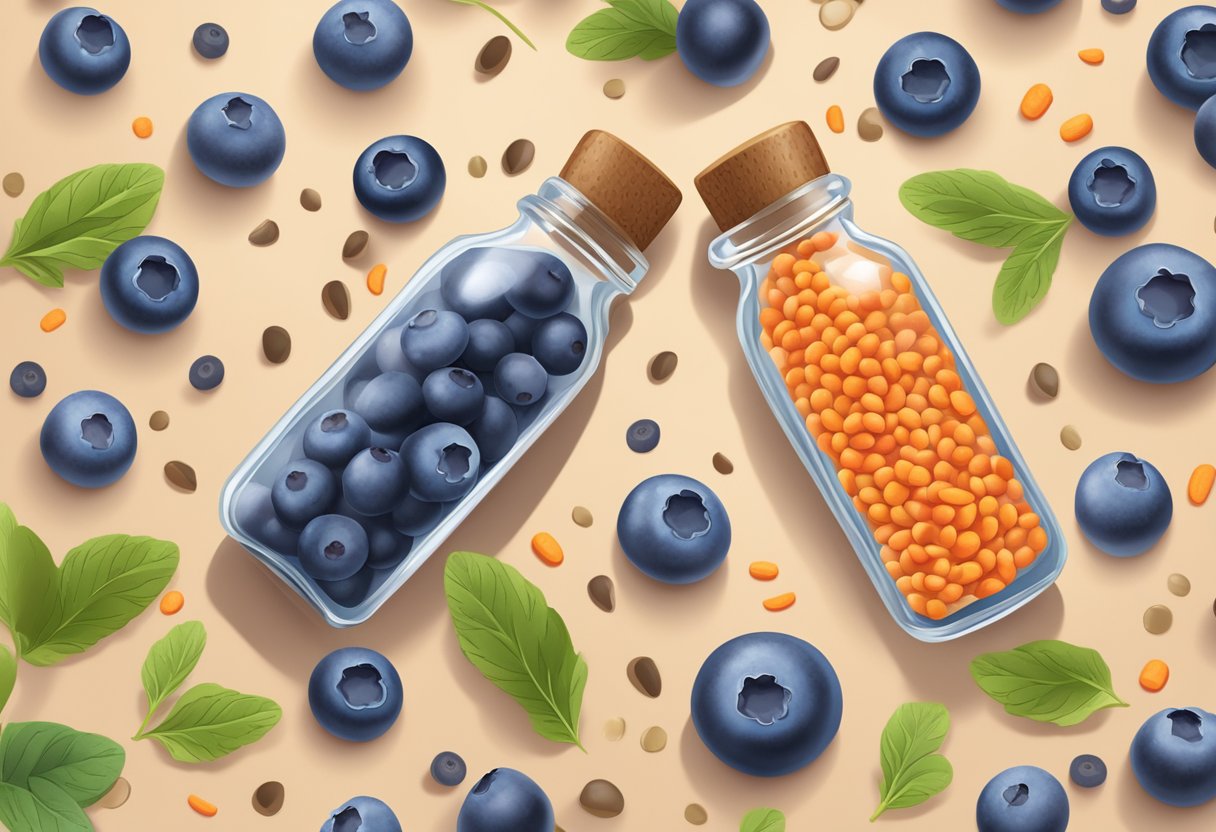 A small glass bottle filled with blueberry and carrot seed serum, surrounded by fresh blueberries and carrot seeds on a wooden table