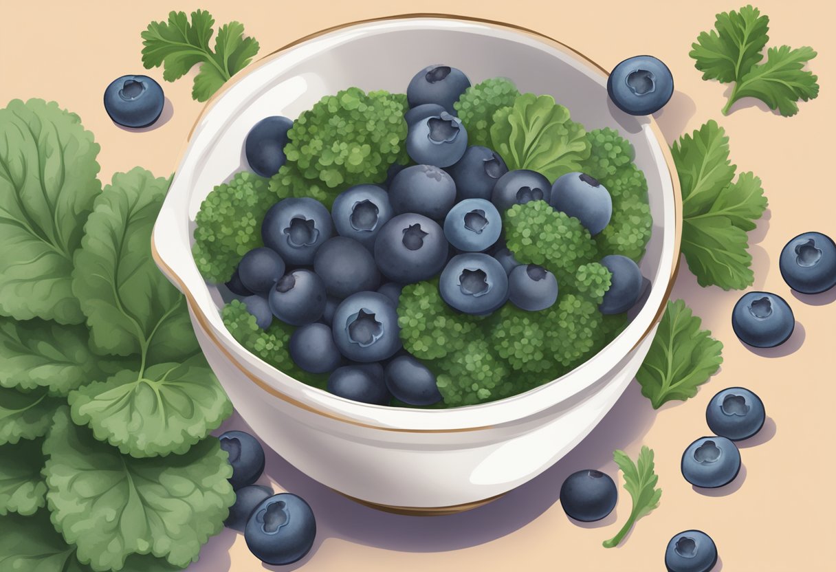 A bowl of blueberries and kale being mixed together for a face mask
