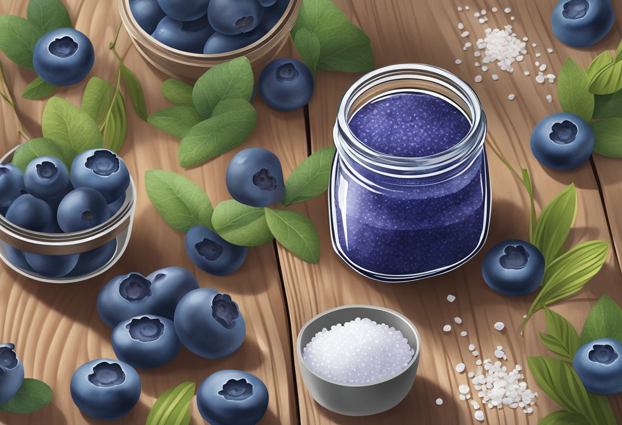 A glass jar filled with blueberry and sea salt scrub sits on a wooden table, surrounded by fresh blueberries and a sprinkle of sea salt