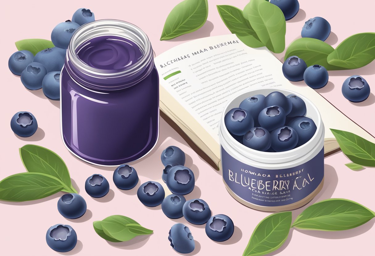 A small jar of blueberry and acai berry lip mask surrounded by fresh blueberries and acai berries, with a homemade skincare recipe book nearby