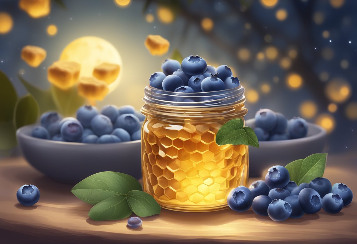 A jar of blueberry and honeycomb mask surrounded by fresh blueberries and honeycomb, with a soft glow from the moonlight, creating a soothing and hydrating atmosphere