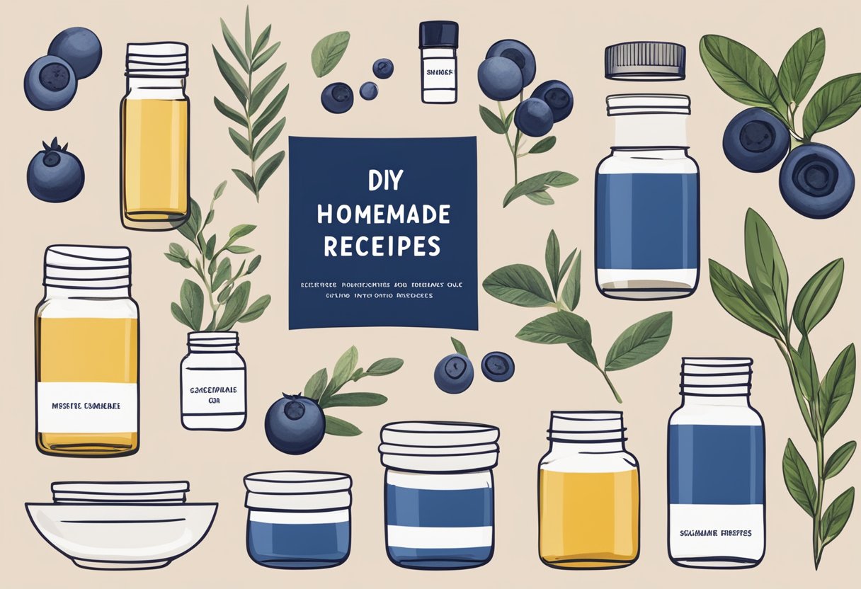 A table filled with skincare ingredients, including fresh blueberries, essential oils, and jars labeled "DIY Homemade Skincare Recipes."