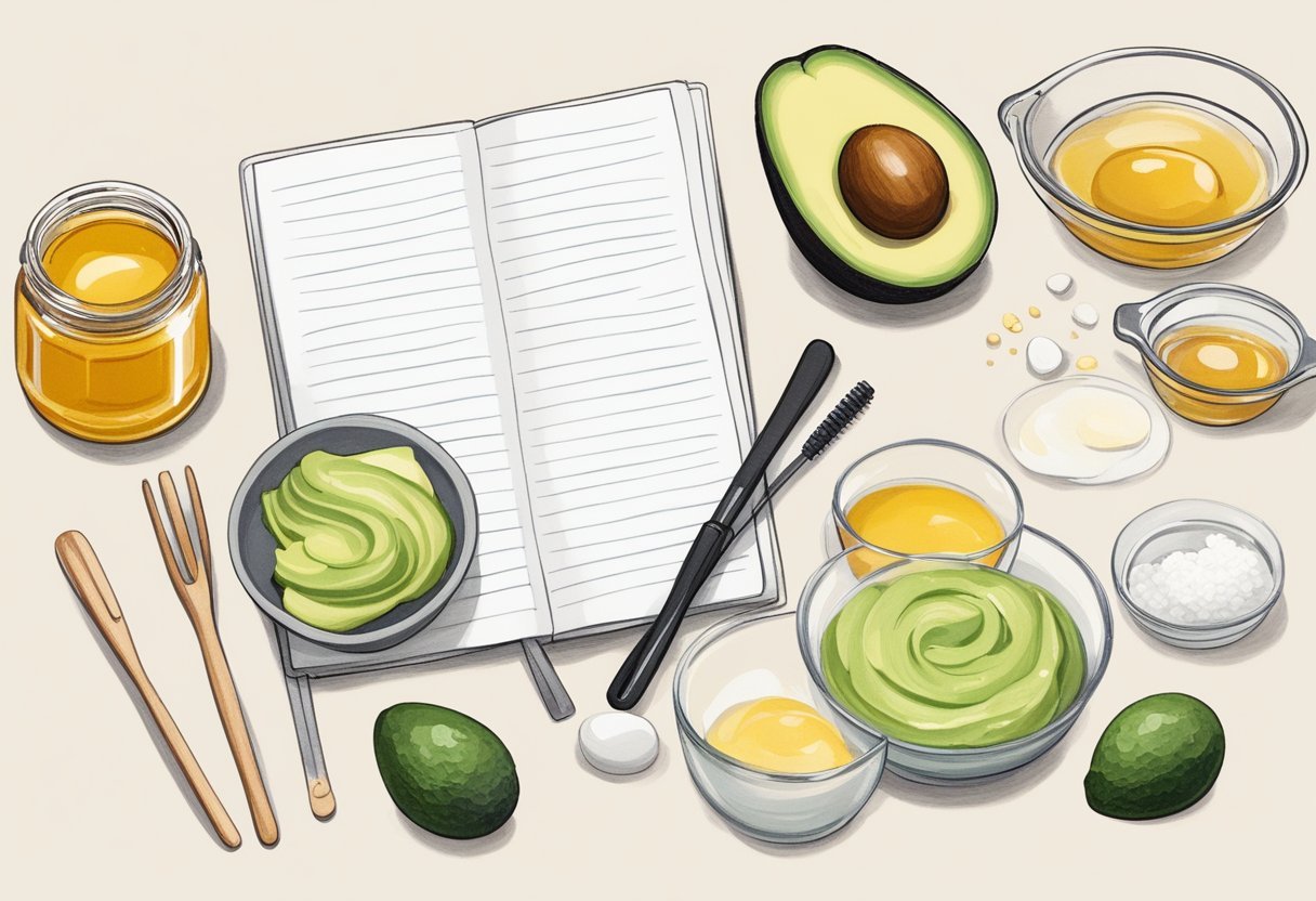 A table filled with ingredients like egg whites, honey, and avocado. A mixing bowl and whisk sit ready for use. A notebook with handwritten skincare recipes lies open nearby