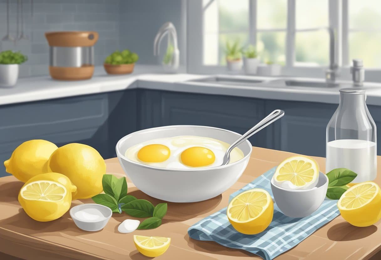 A small bowl with egg white and lemon juice, surrounded by fresh lemons and a whisk, on a clean kitchen counter