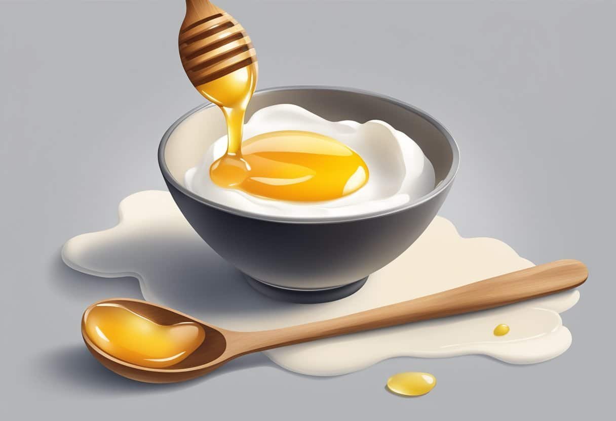 A small bowl containing egg white and honey being mixed together with a spoon