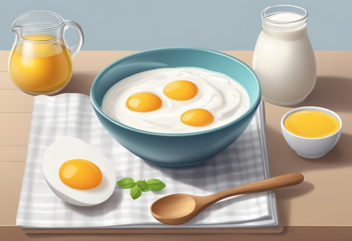 A bowl of egg white and yogurt mixed together, with a spoon nearby. Ingredients and recipe book in the background