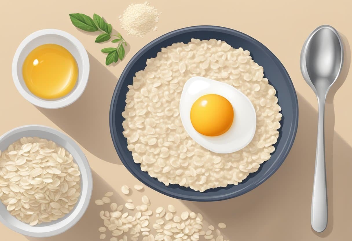 A bowl of egg whites and oatmeal mixed together, with a spoon and measuring cup nearby. Ingredients are laid out on a clean countertop