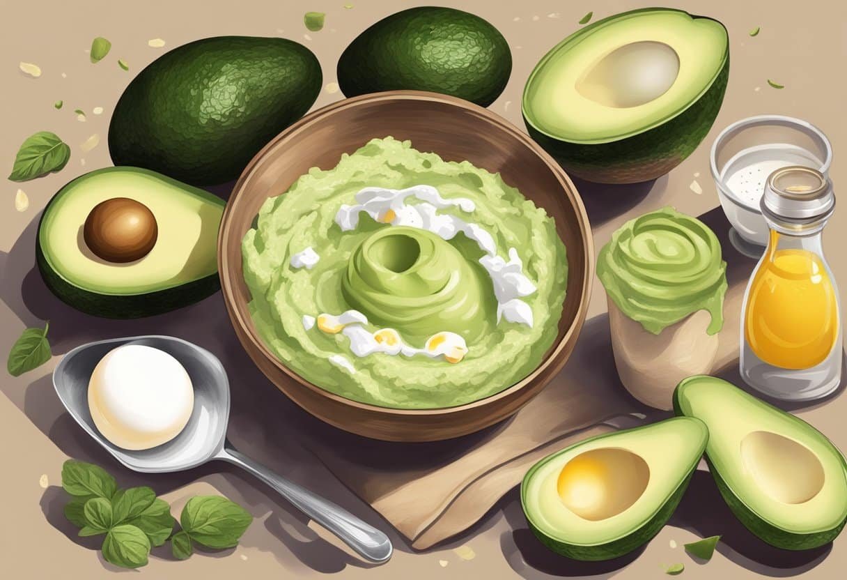 A bowl with mashed avocado and egg white, surrounded by ingredients and a recipe book