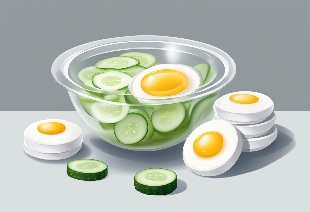 A bowl of egg white and cucumber mixture sits next to a stack of cooling eye pads on a clean, white surface
