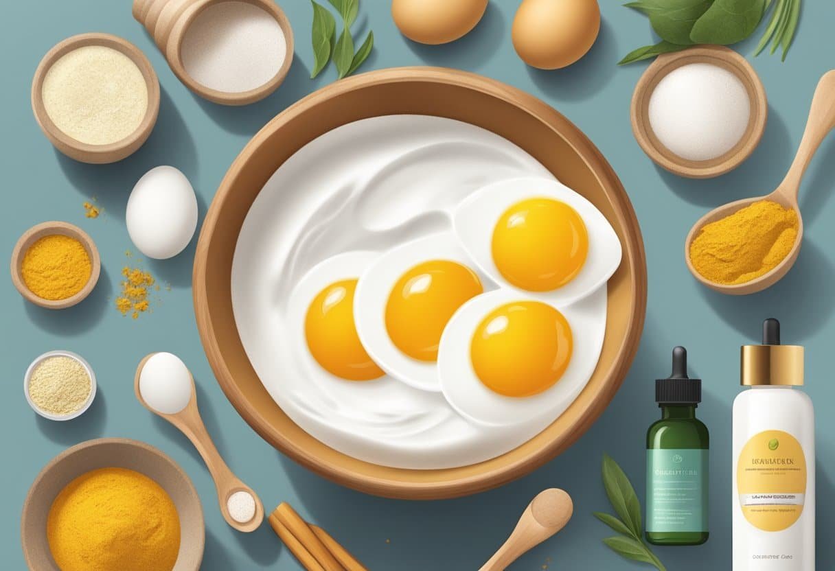 A bowl with egg white and turmeric mixed together, surrounded by various skincare ingredients and tools