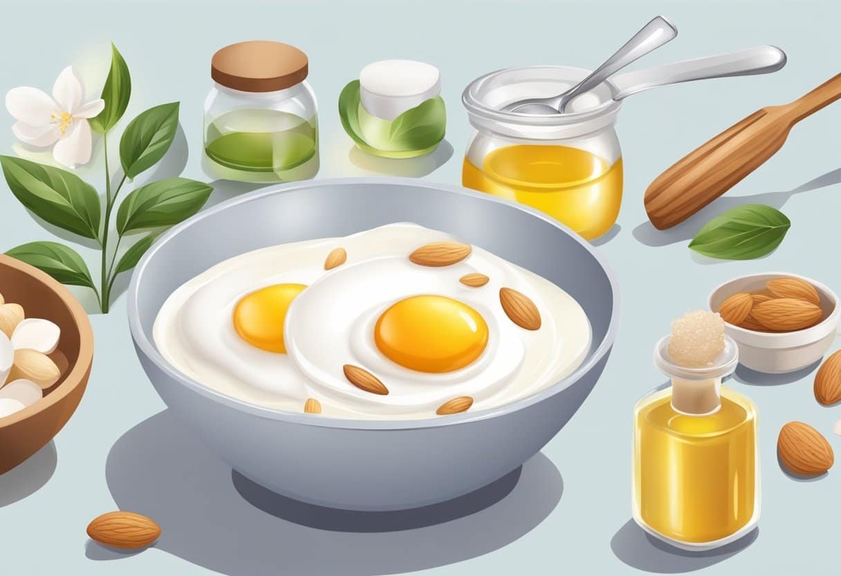 A small bowl with egg white and almond oil being mixed together with a spoon, surrounded by various ingredients and containers for a homemade skincare recipe