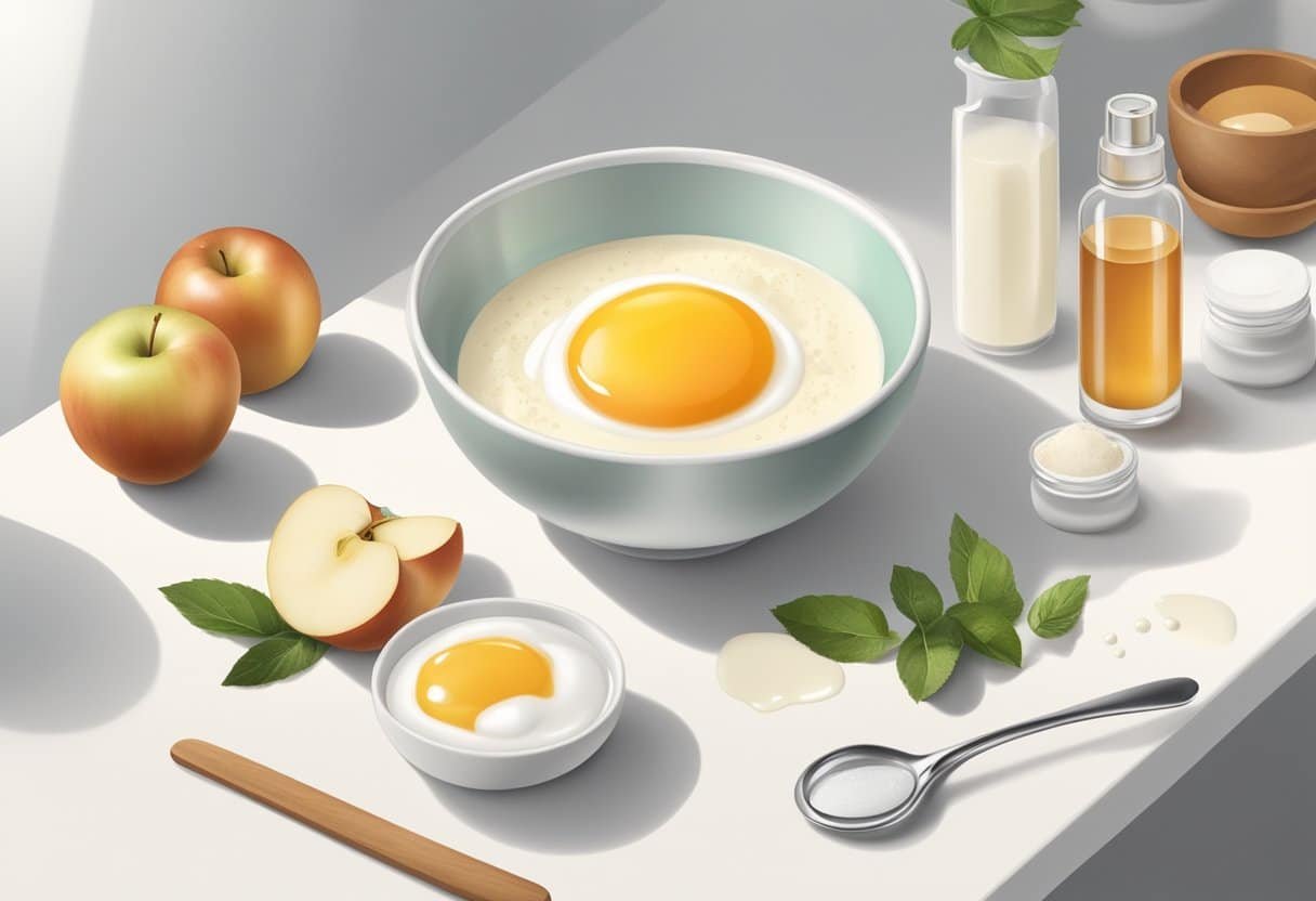 A small bowl with egg white and apple cider vinegar mixed together, surrounded by various skincare ingredients and utensils on a clean, white countertop