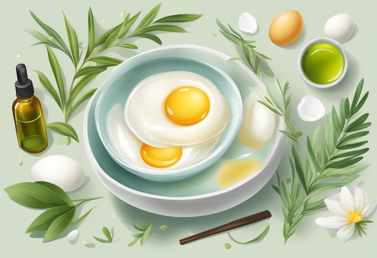 A small bowl with egg white and tea tree oil mixed together, surrounded by ingredients and utensils for making homemade skincare products