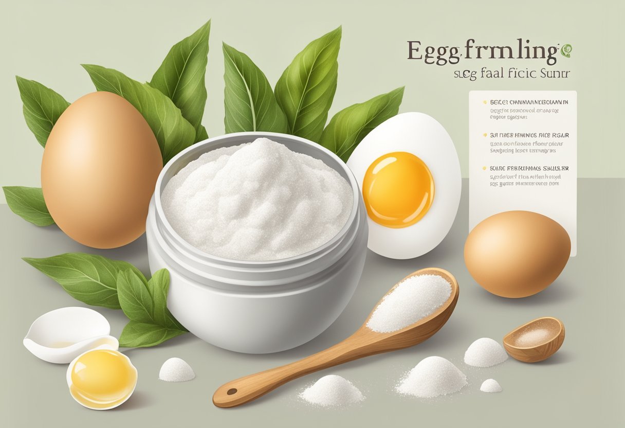 Egg white and sugar mixed in a bowl, with a spoon and measuring cups nearby. Ingredients labeled "Egg White and Sugar Firming Facial Scrub."