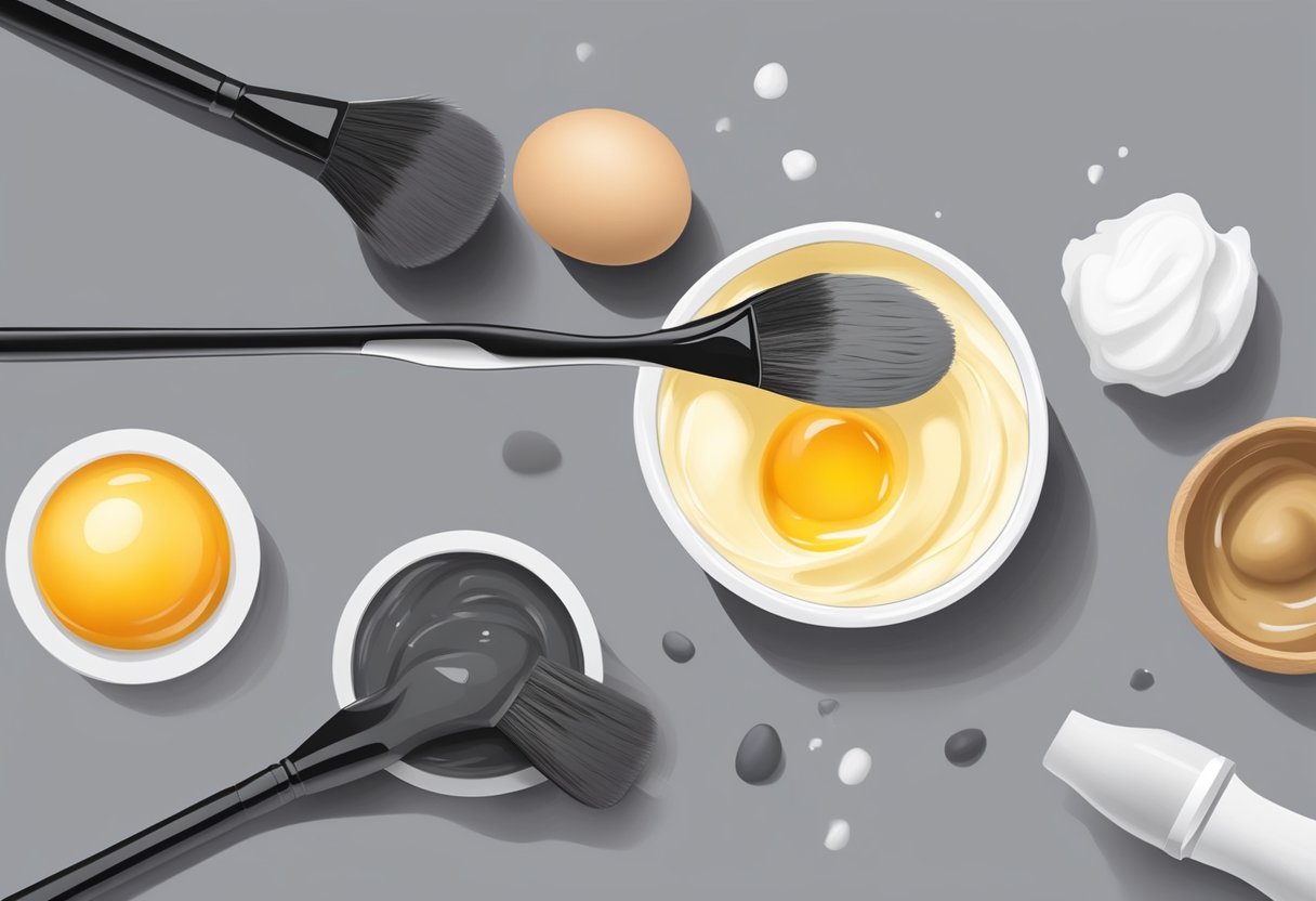 A bowl of egg white and charcoal face mask being mixed with a brush