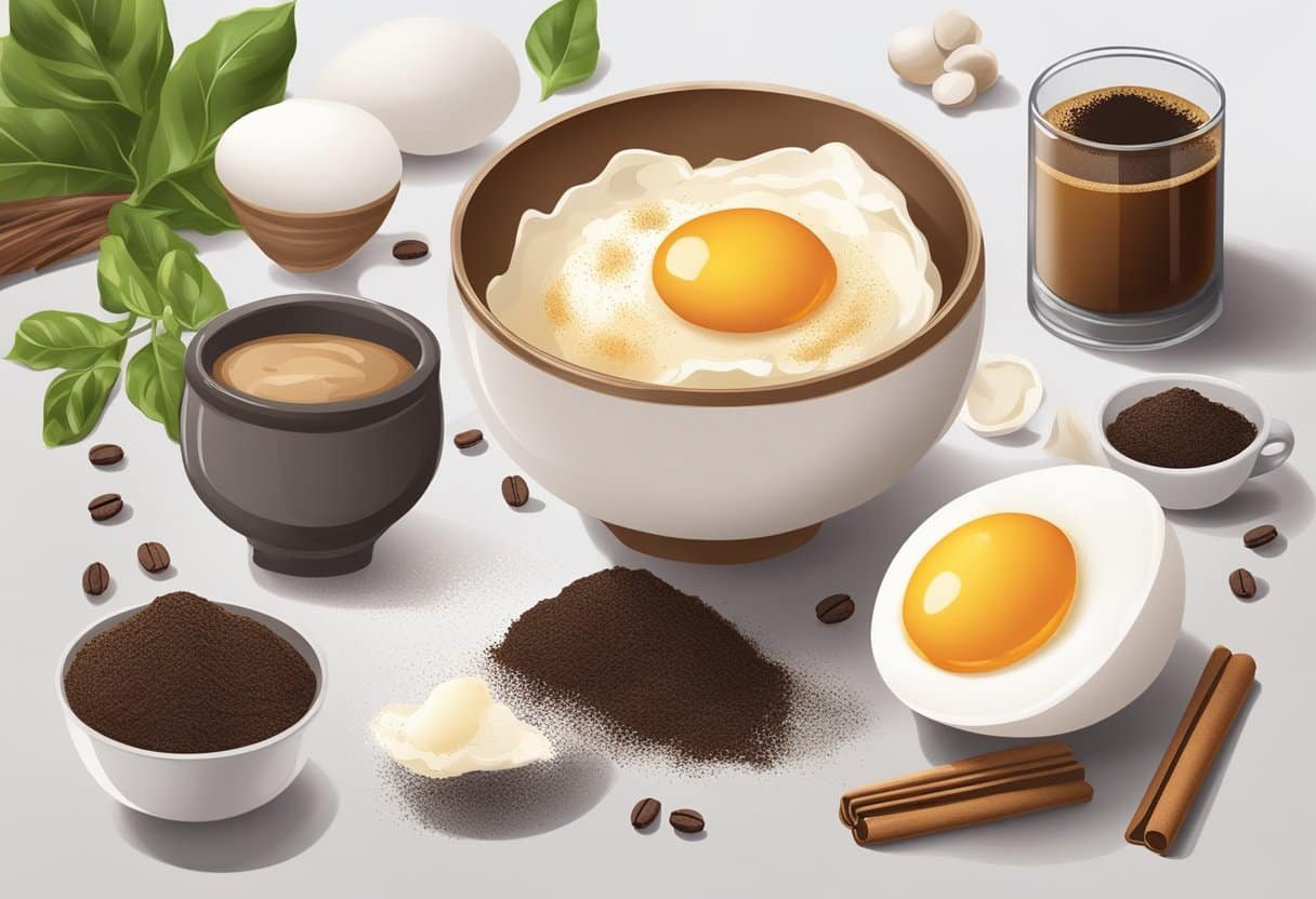 A bowl of egg whites mixed with coffee grounds sits on a table, ready to be used for a cellulite wrap. Ingredients and a recipe book are scattered around
