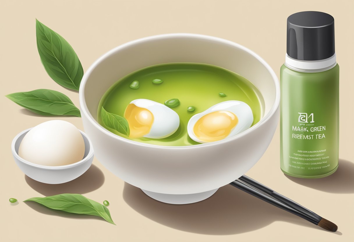 A bowl of egg white and green tea mask ingredients mixed together, with a brush and a clean bowl beside it