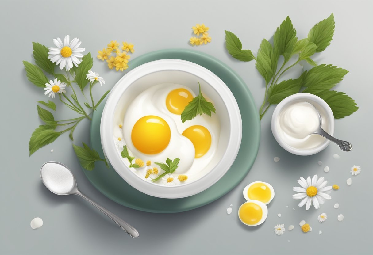 A small bowl with egg white and chamomile mask ingredients being mixed together with a spoon