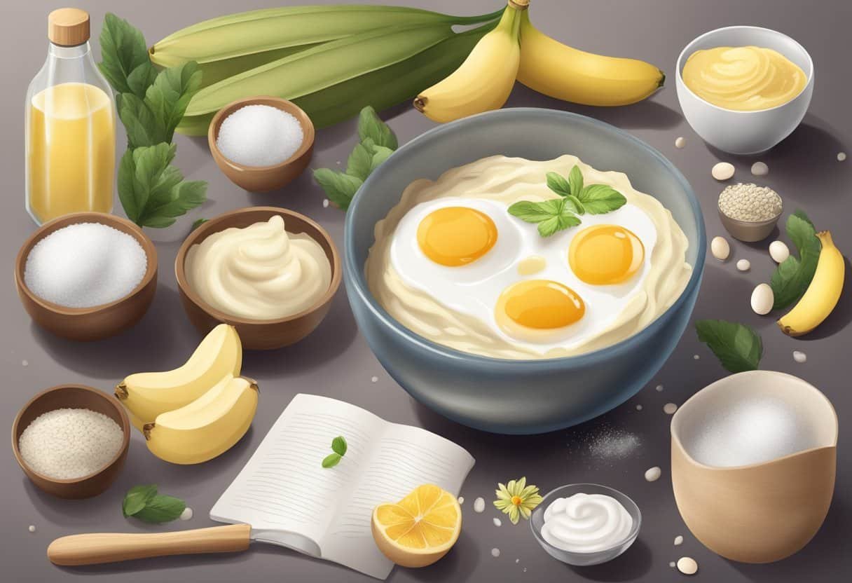 A bowl with mashed banana and egg white, surrounded by hair care ingredients and a recipe book