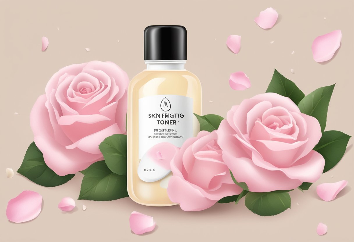 A small glass bottle filled with egg white and rosewater toner, labeled "Skin Tightening Toner," surrounded by fresh rose petals and a cracked eggshell