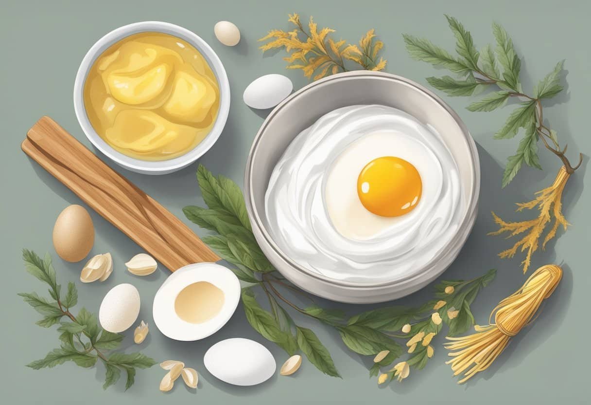 A small bowl filled with egg white and witch hazel mask, surrounded by ingredients and a recipe book