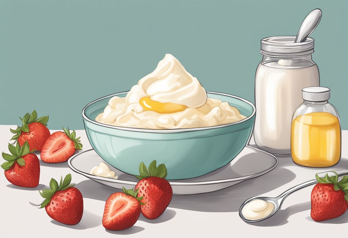 A bowl of egg white and mashed strawberries mixed together, with a spoon and a small jar of the homemade skincare recipe nearby
