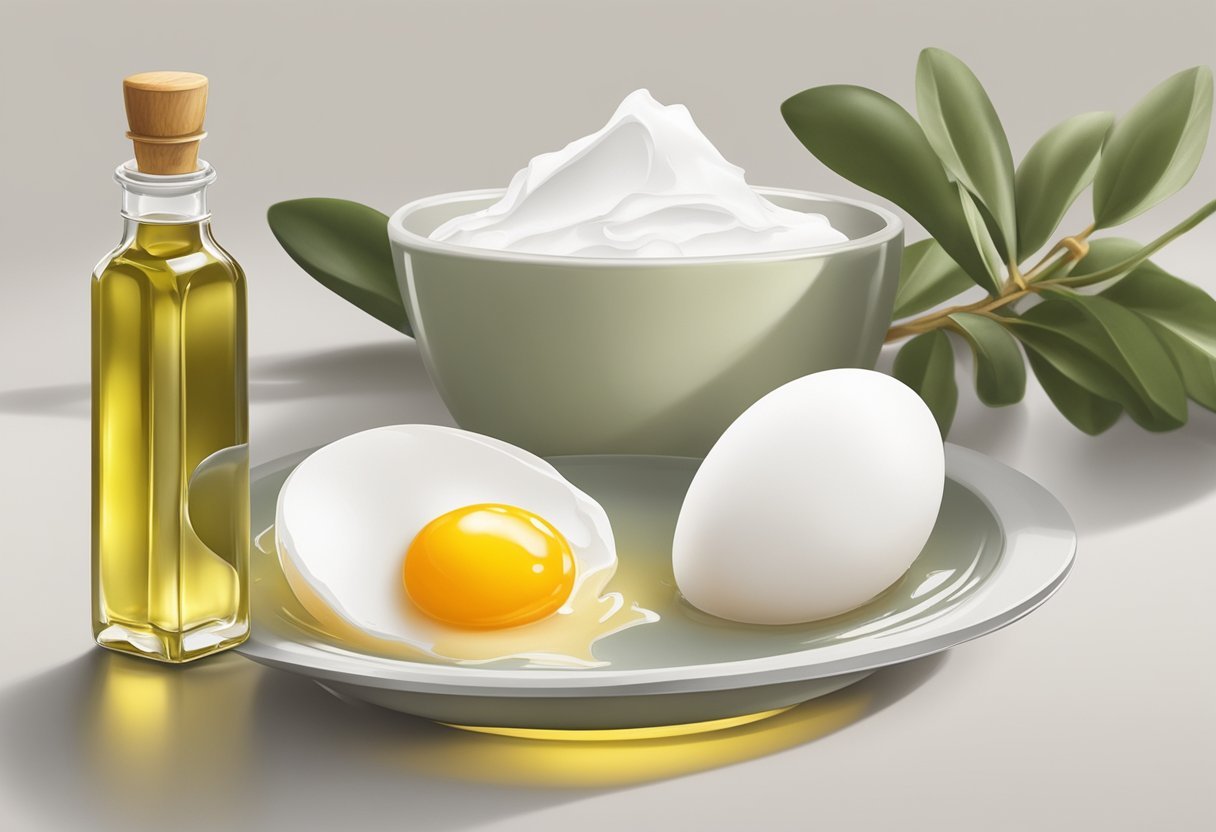 A bowl of egg whites mixed with olive oil sits on a clean, white countertop, ready to be used as a wrinkle-smoothing mask