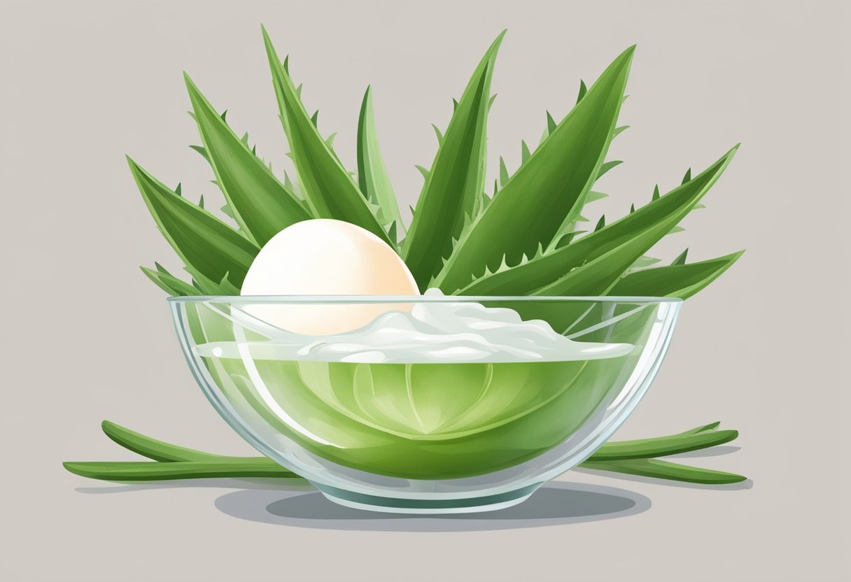 A clear glass bowl filled with egg white and aloe vera gel, surrounded by fresh aloe vera leaves and a whisk for mixing