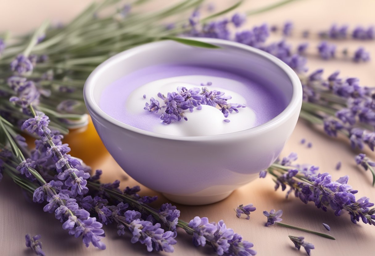 A bowl of egg white and lavender oil mixed together, surrounded by fresh lavender flowers and a soft, clean towel