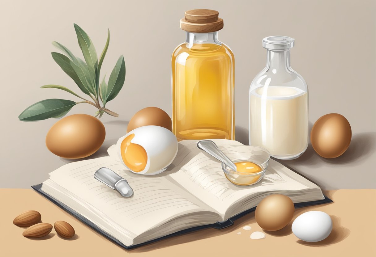 A clear glass bottle with a dropper containing a mixture of egg white and argan oil, surrounded by fresh eggs and a handwritten recipe book
