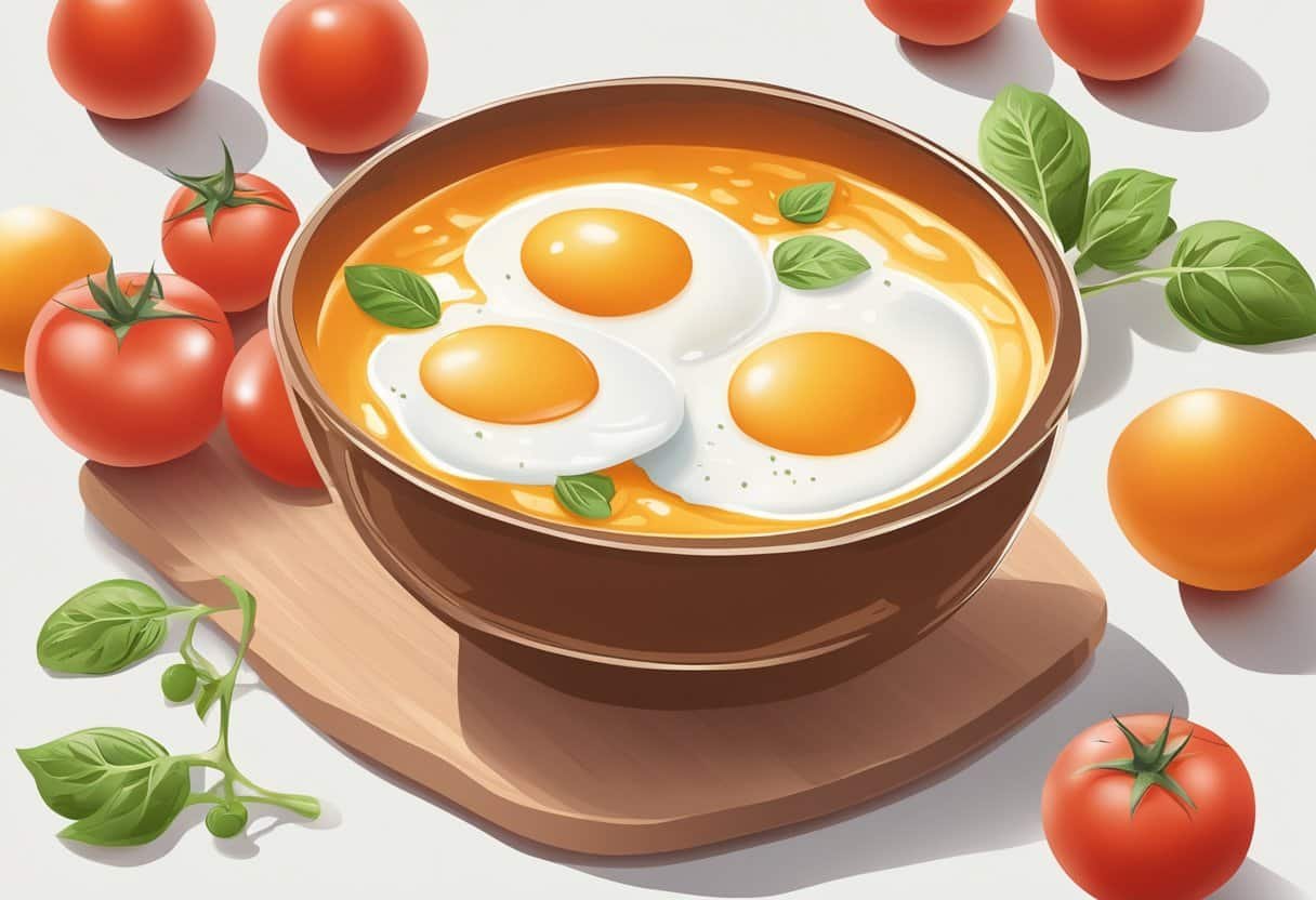 A bowl of egg white and tomato juice mixed together, surrounded by fresh tomatoes and eggs