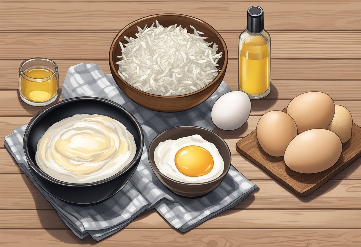 A bowl of egg whites and grated ginger sits on a wooden table, surrounded by skincare ingredients and a recipe book
