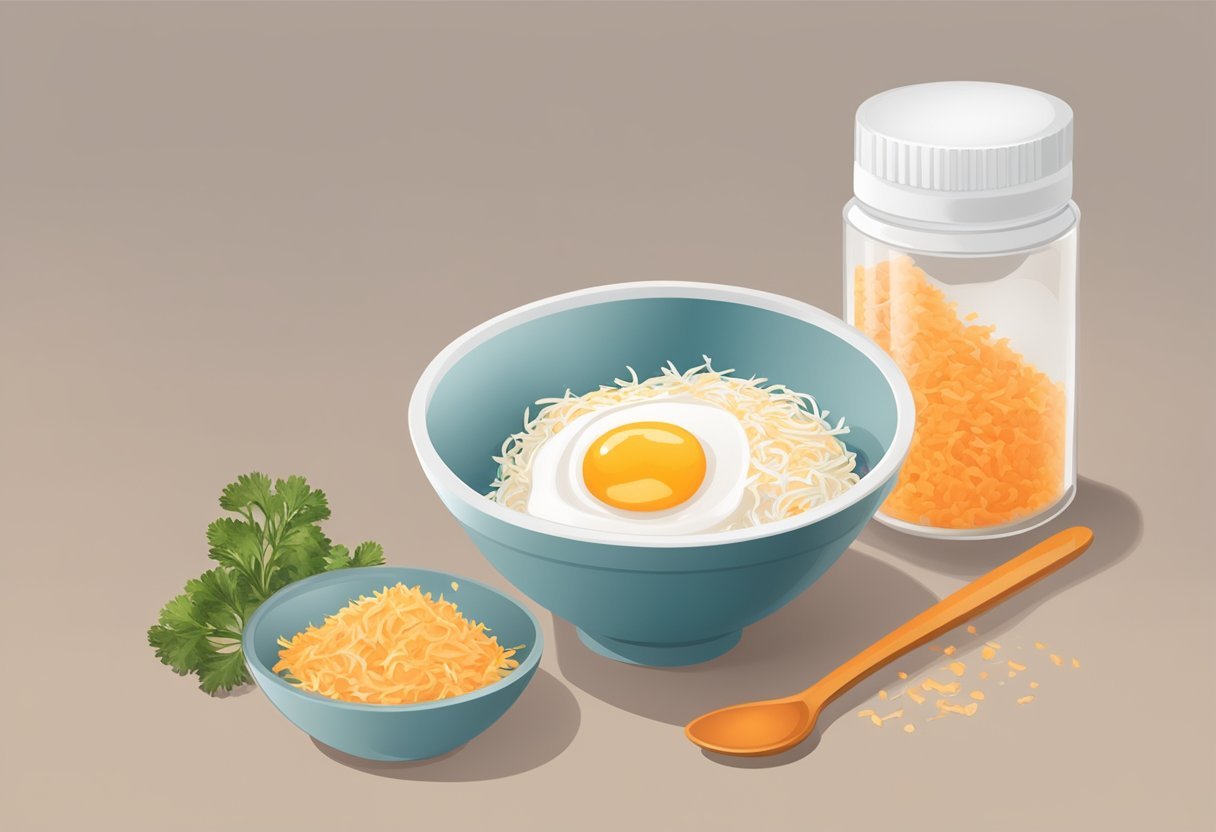 A bowl of egg whites and grated carrots mixed together, with a spoon and a small container of the face mask nearby