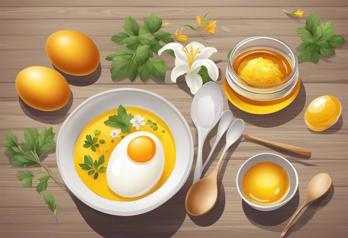 A small bowl with egg white and saffron, surrounded by natural ingredients like honey and yogurt, sits on a wooden table