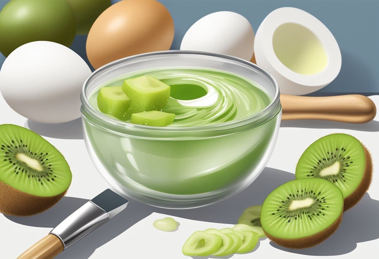 A bowl of egg white and kiwi mixed together, with a brush beside it, ready to be applied as a collagen-boosting mask