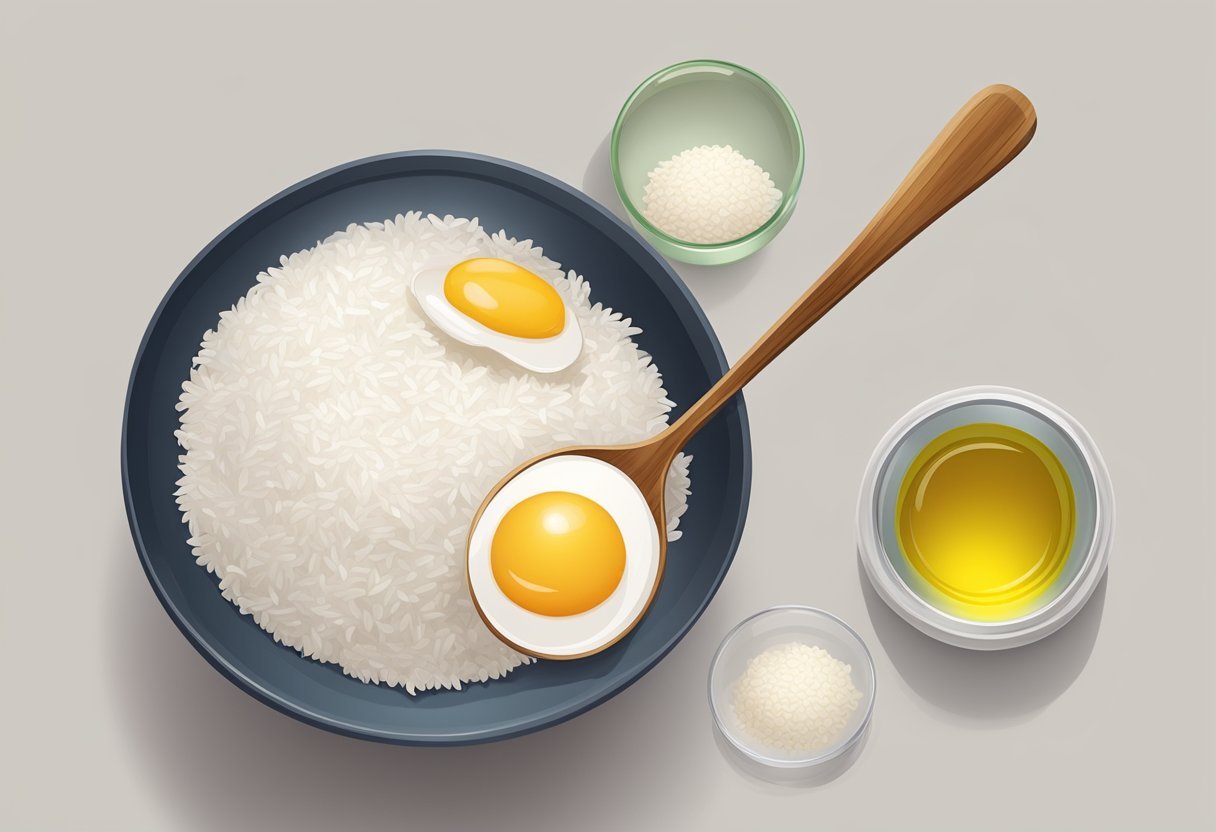 A bowl of egg whites and rice flour mixed together, with a spoon and a small jar of oil nearby