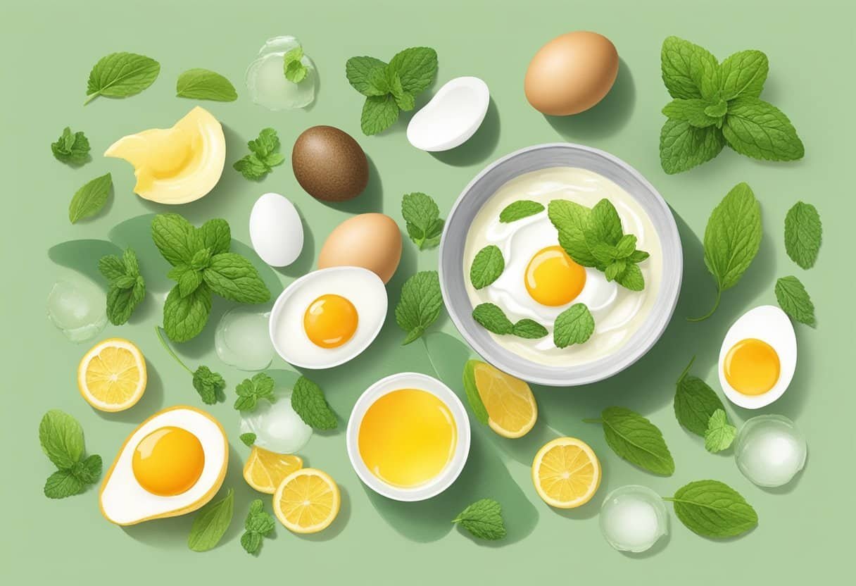 A small bowl with egg white and mint leaves mixed together, surrounded by fresh ingredients and a recipe book open to "48 Best DIY Homemade Skincare Recipes with Egg White."