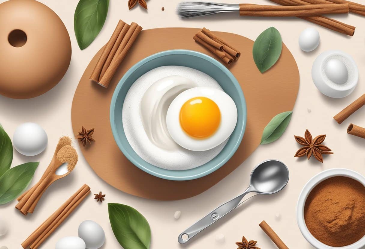 A small bowl filled with egg white and cinnamon, surrounded by various skincare ingredients and tools on a clean, organized countertop