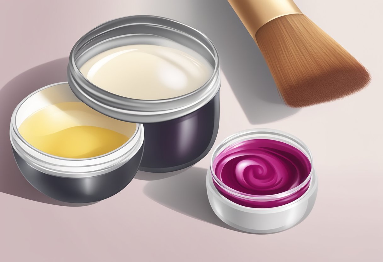 A small bowl with egg white and beetroot mixture, next to a brush and a clean container for homemade lip and cheek tint
