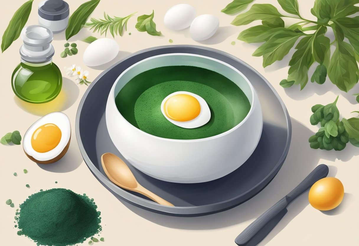 A bowl with egg white and spirulina mixed, surrounded by natural ingredients and a recipe book