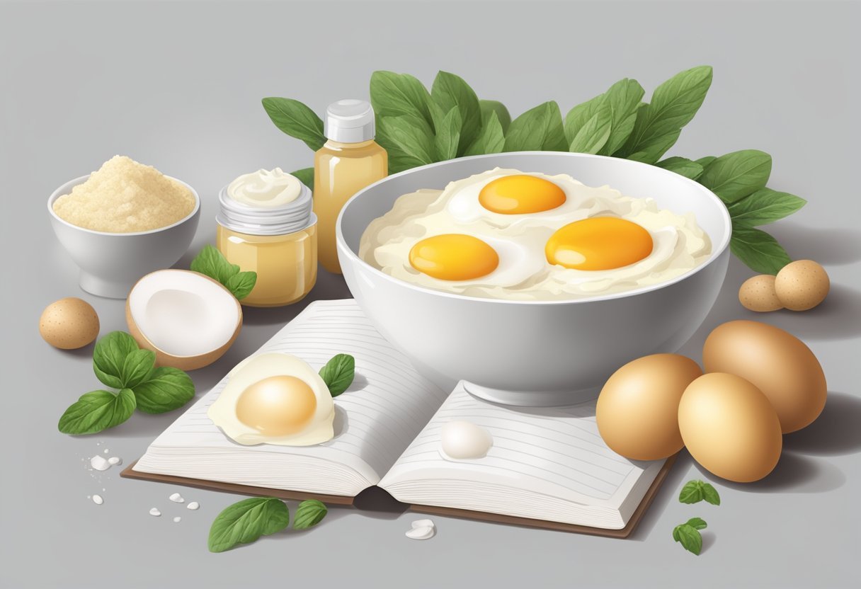 A bowl with egg white and potato mixture, surrounded by skincare ingredients and recipe book