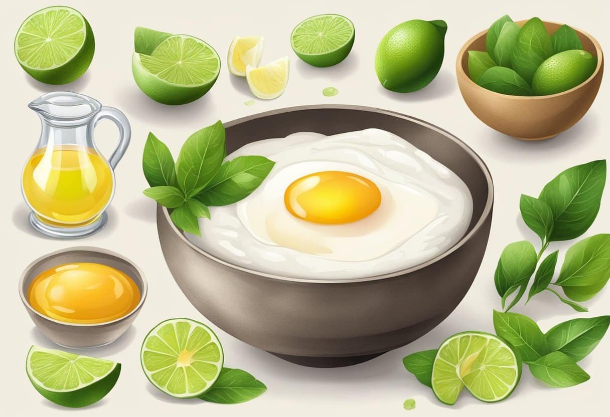 A bowl with egg white and lime oil, surrounded by ingredients and a recipe book