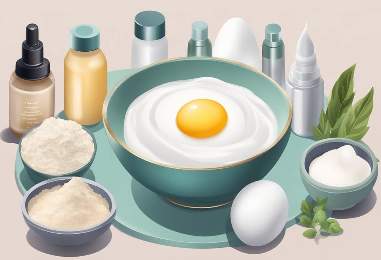 A small bowl with egg white and zinc oxide mixed together, surrounded by various skincare ingredients and recipe book